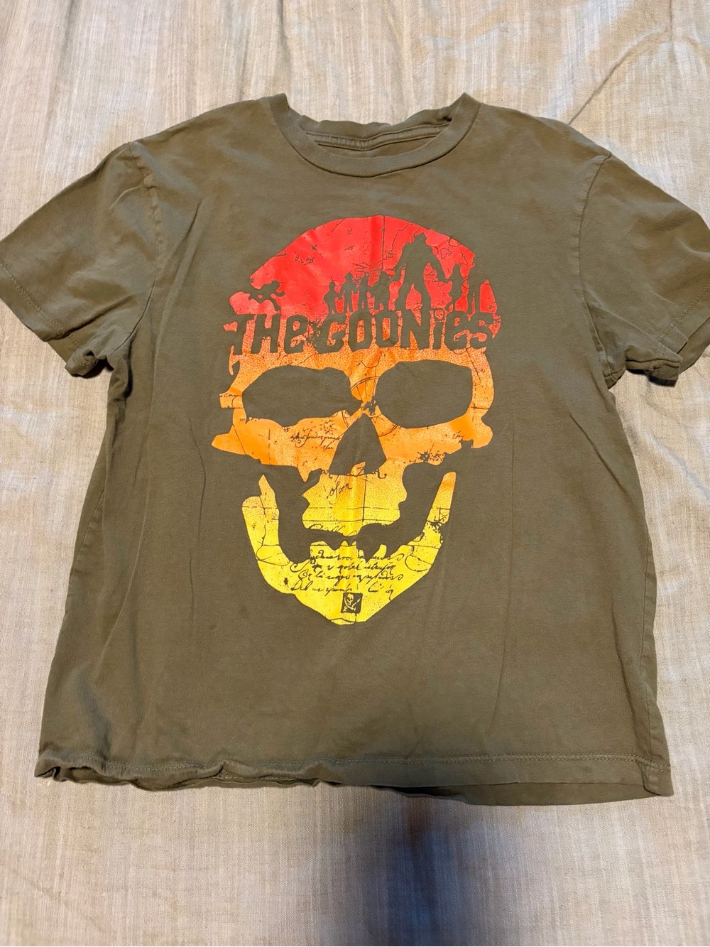 The Goonies Kids Short Sleeve Tee - Olive with Red/Orange/Yellow Skull